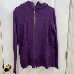 Women's purple thumb cutout deep pocket full zip hooded athletic active jacket